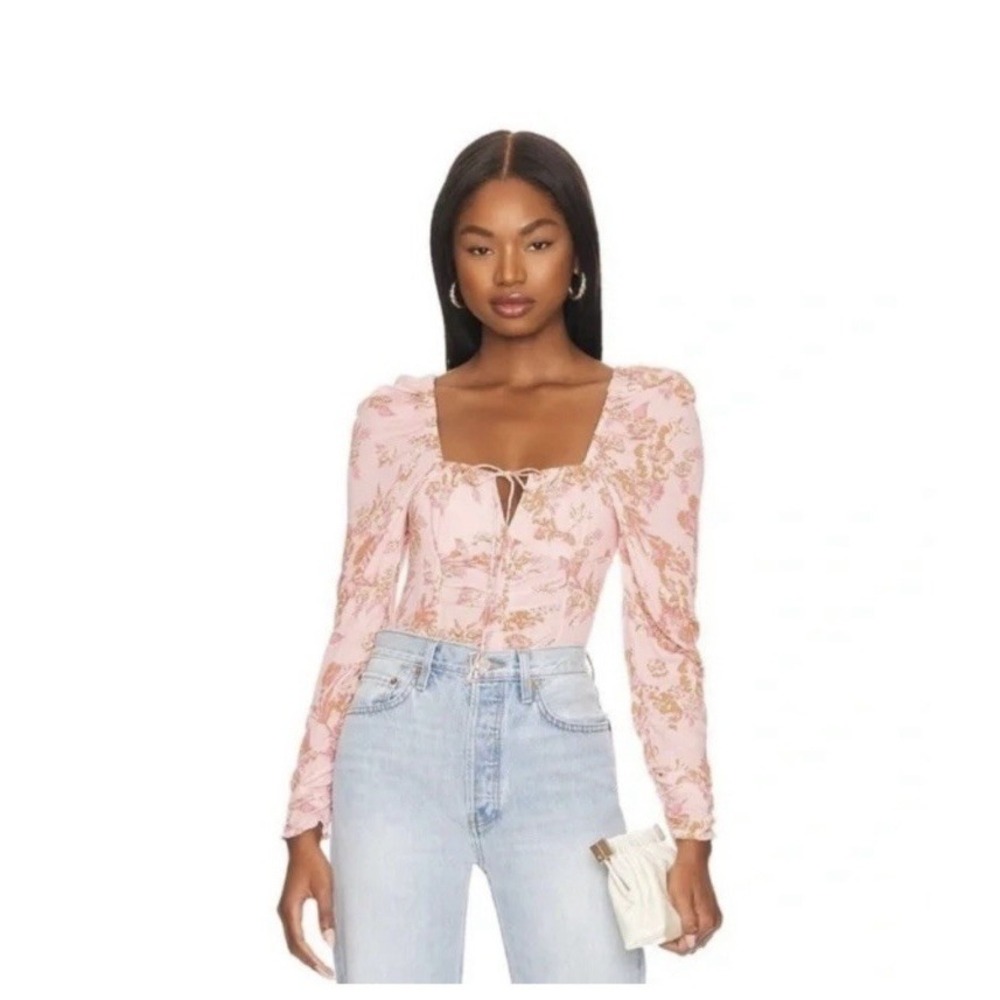 Free People Pink Floral Square Neck Blouse  Puff Sleeve Nwt Size XS Romance Boho - Picture 5 of 6